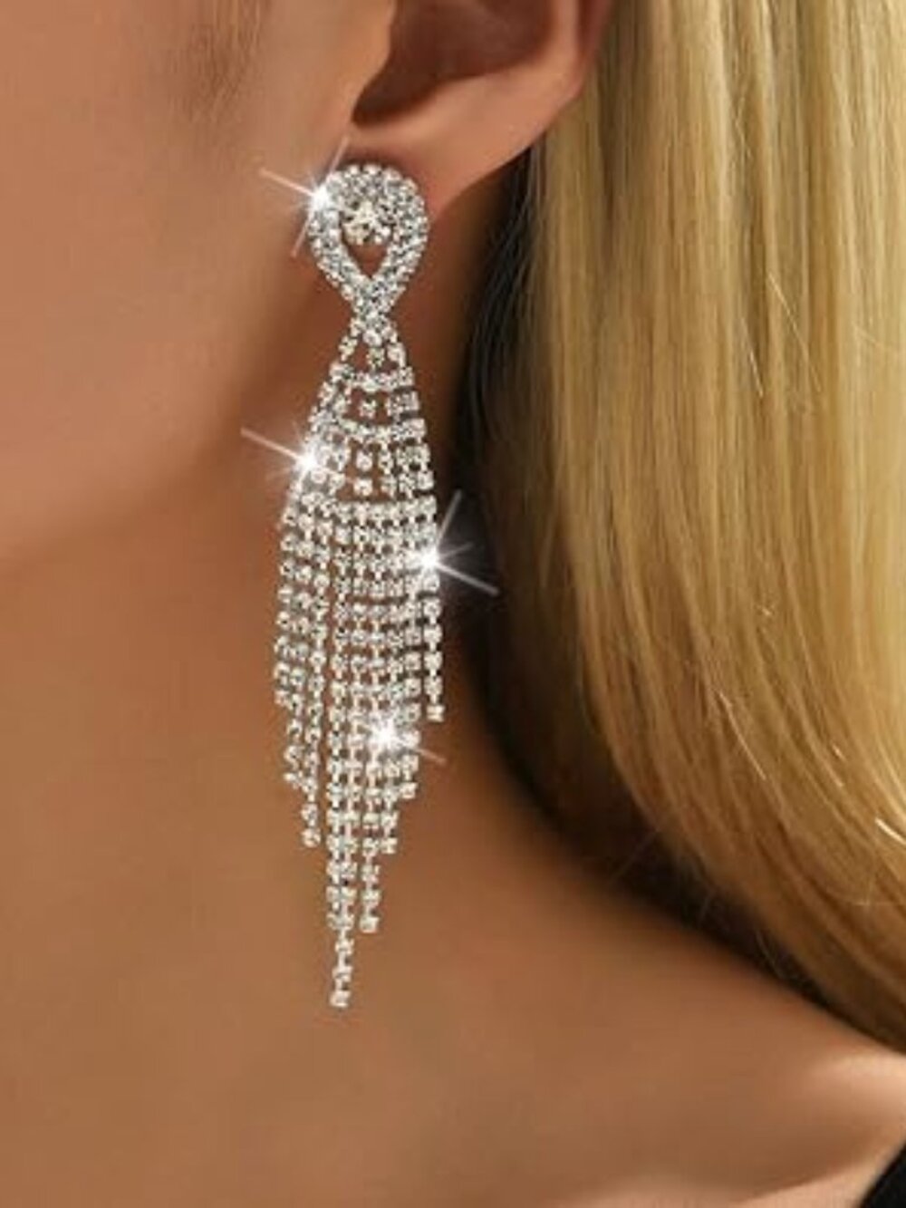 Long Tassel Rhinestone Earrings Silver Diamond Dangle‎